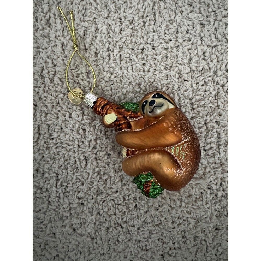Old World Christmas Sloth Glass Ornament Brown Copper Glitter Animal 12484